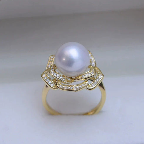 10-11mm Freshwater Pearl Camellia Cubic Zirconia Ring - May-Lynn